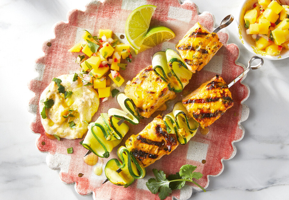 Moroccan spiced salmon kebabs & vegetable skewers