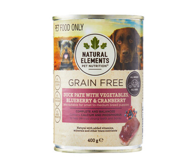 Natural Elements Pet Nutrition Grain Free Dog Food Duck Pate with Vegetable, Blueberry and Cranberry 400g