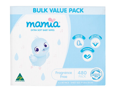 Mamia Baby Wipes 480pk Fragrance Free